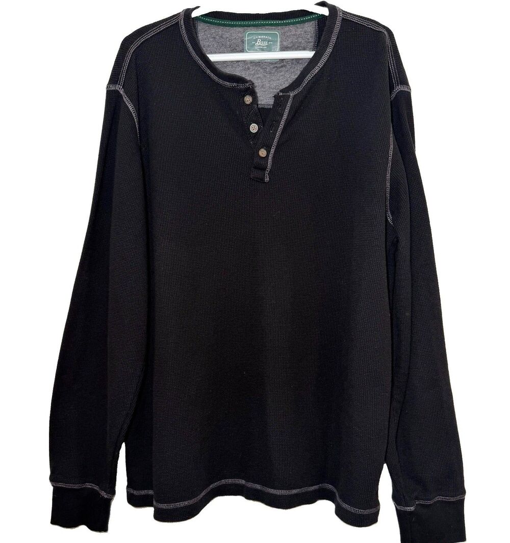 G.H. Bass Men’s XXL Black Waffle Knit Thermal Henley Shirt Contrast Stitch